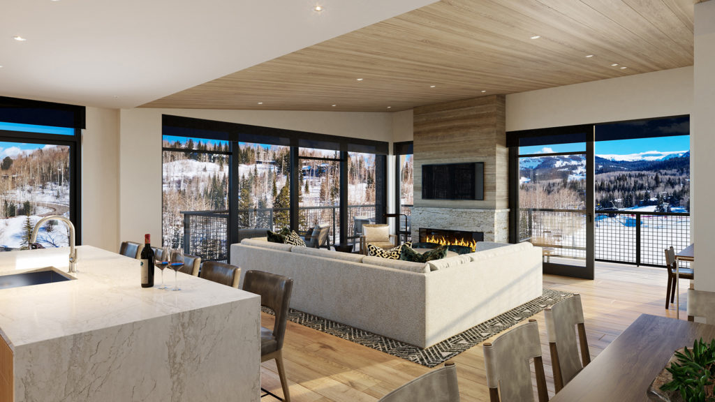 Living Room and Kitchen Unit 651 Interior Rendering Cirque Residences at Viceroy Snowmass;