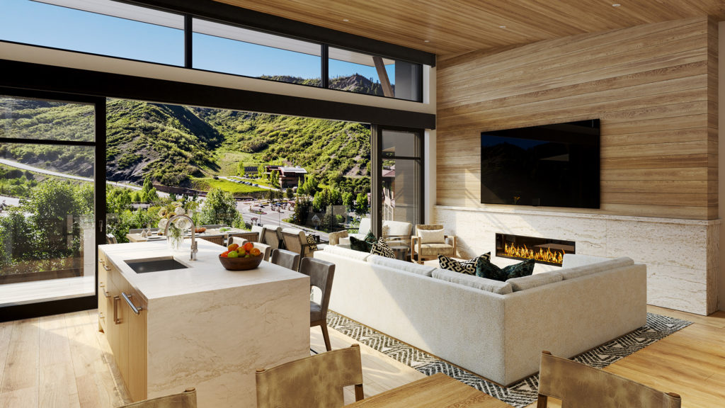 Kitchen and Living Room Indoor Outdoor Living Interior Rendering Cirque Residences at Viceroy Snowmass;