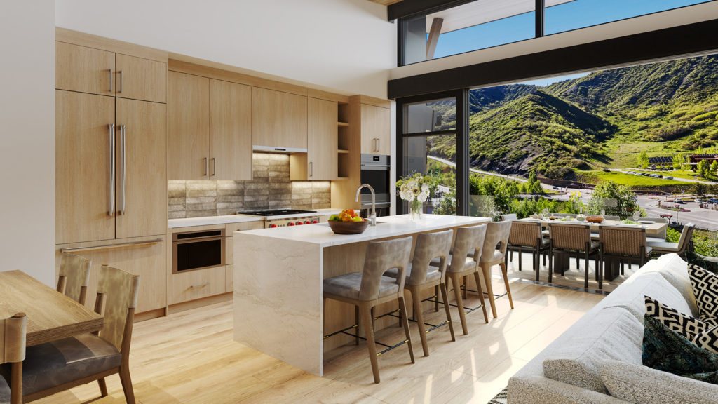 Kitchen and Outdoor Dining Space Interior Rendering Cirque Residences at Viceroy Snowmass;