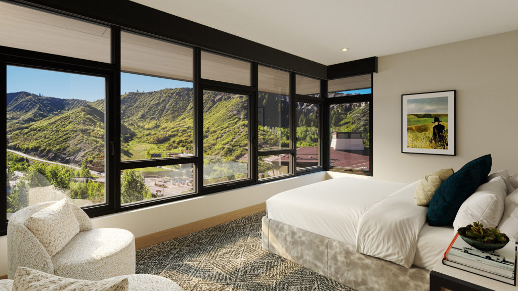 Dormitorio con vistas a las montañas Interior Rendering Cirque Residences at Viceroy Snowmass;