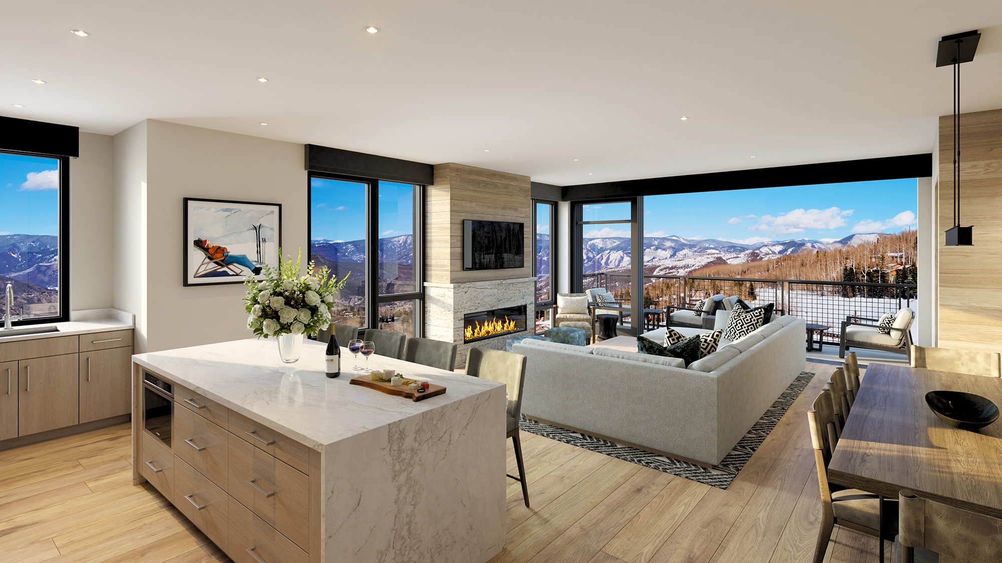 Kitchen and Living Room Interior Rendering Cirque Residences at Viceroy Snowmass;