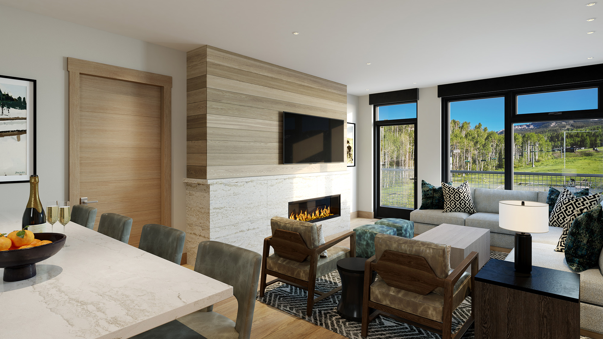 Living Room Interior Rendering Cirque Residences at Viceroy Snowmass;
