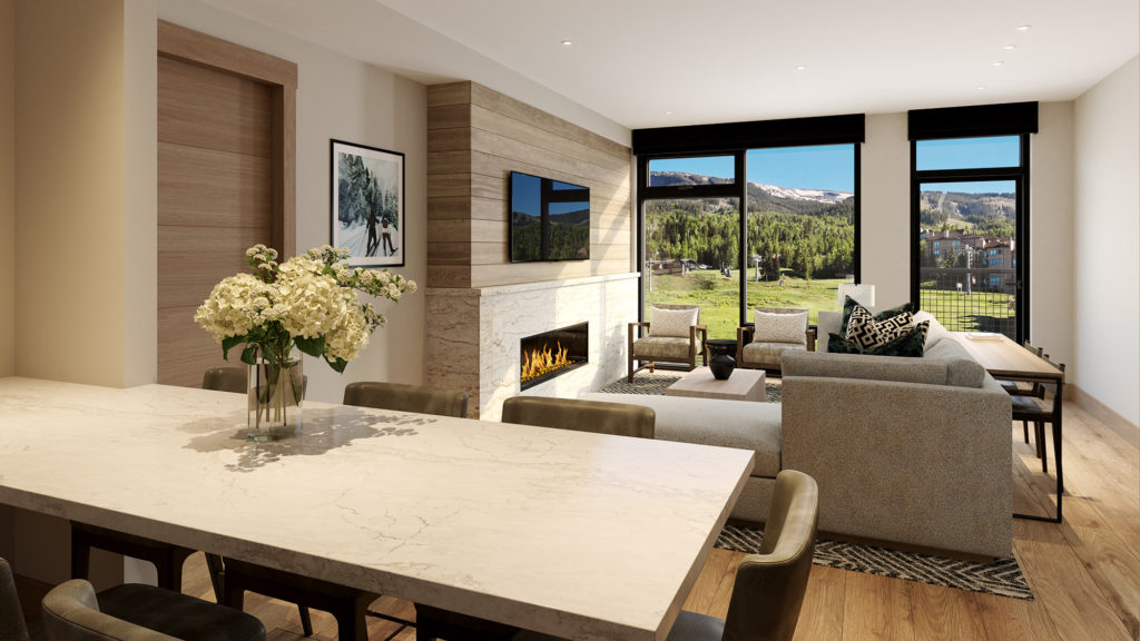 Living Room View from Kitchen Table Interior Rendering Cirque Residences at Viceroy Snowmass;
