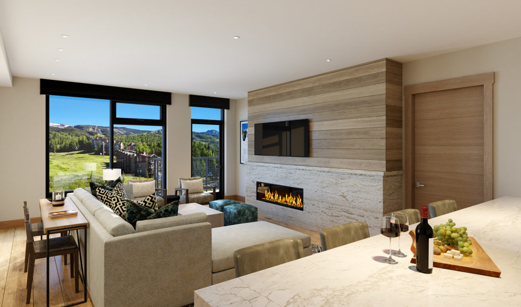 Living Room View from Kitchen Interior Rendering Cirque Residences at Viceroy Snowmass;