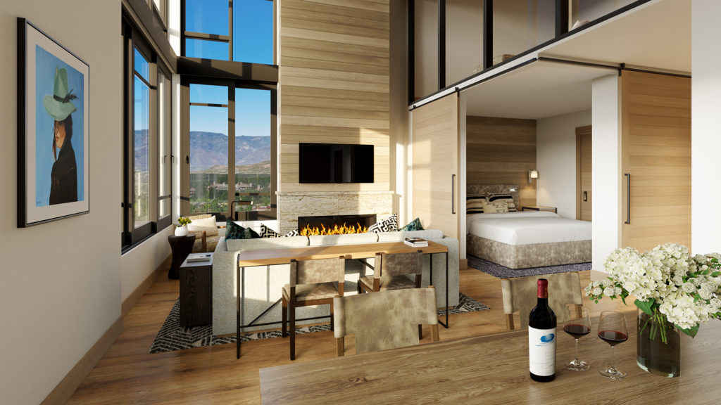 Living Room With Loft and Sliding Door Bedroom Interior Rendering Cirque Residences at Viceroy Snowmass;