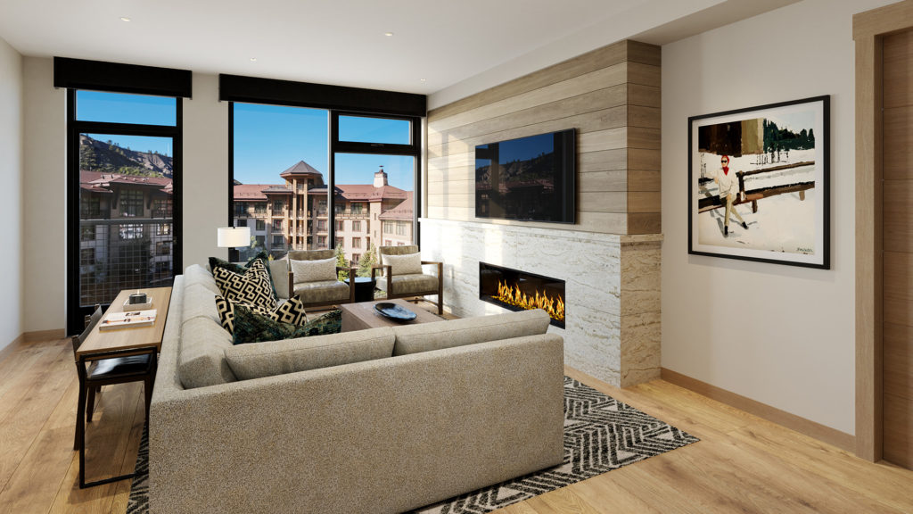 Living Room Viceroy Views Interior Rendering Cirque Residences at Viceroy Snowmass;