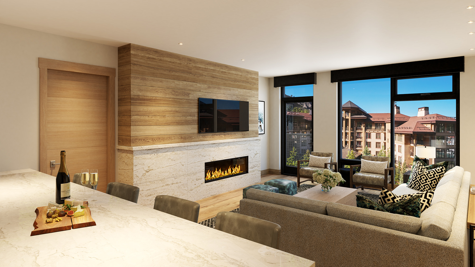 Living Room Interior Rendering Cirque Residences at Viceroy Snowmass;